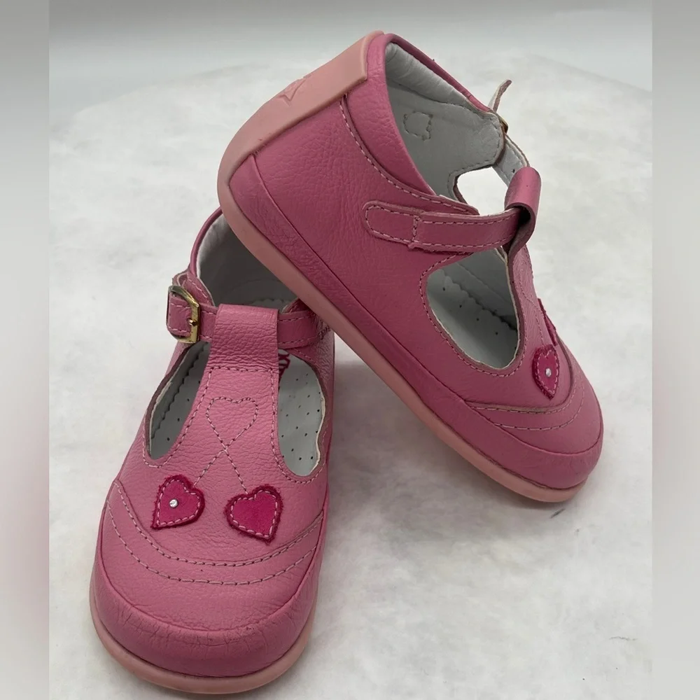 Genuine Leather Pink Baby Walker Shoes with Heart Design size 22 EU 6 US